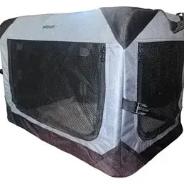 Pettycare soft-sided folding dog crate in grey and black fabric with mesh windows and zipper closures.