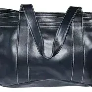 Black leather tote bag featuring contrast white stitching and dual shoulder straps.