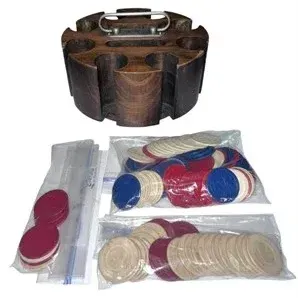 Vintage wooden carousel poker chip holder with a metal carrying handle, accompanied by plastic bags filled with red, white, and blue...