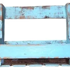 Rustic wall-mounted wooden wine glass rack featuring a distressed light blue painted finish.