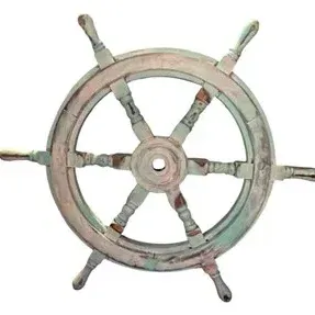 Vintage six-spoke wooden ship's wheel with a distressed, light green painted finish.