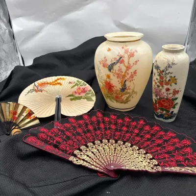 Hand painted Collectible Asian Vases And Fans 