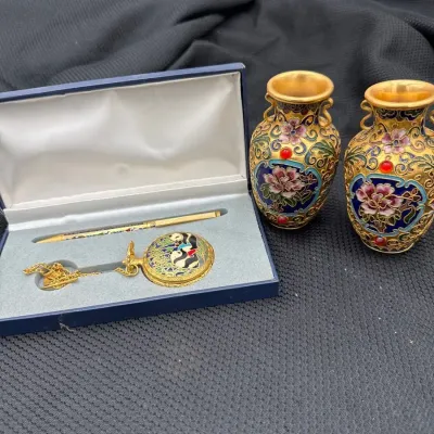 vintage Chinese cloisonné pocket watch and matching pen set featuring a multi-colo