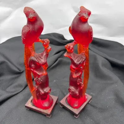 vintage Chinese carved cherry red amber resin Bird of Paradise (or phoenix