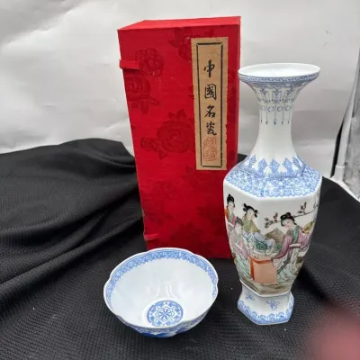 Vintage Chinese Jingdezhen eggshell porcelain vase and matching bowl packaged with a red p