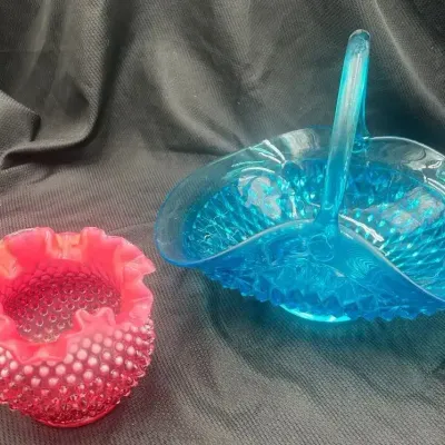 Vintage Fenton Cranberry Vase & Blue Tiara Glass Basket