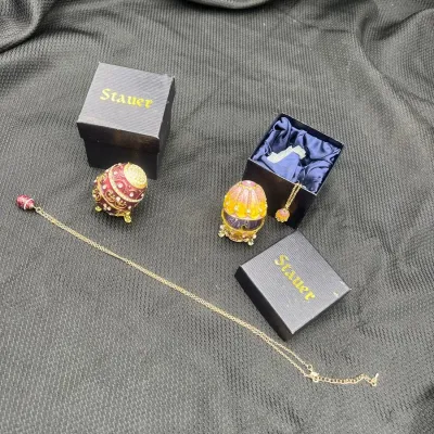 2 Stauer Enamel Egg Trinket Boxes With Matching Pendants 