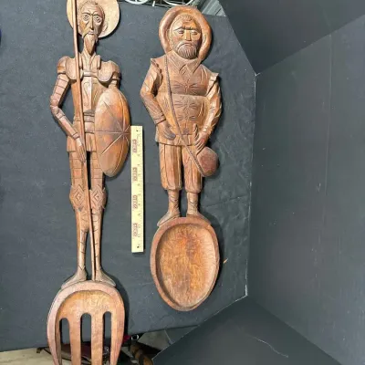Don Quixote and Sancho Panza Large Carved Wood Fork and Spoon