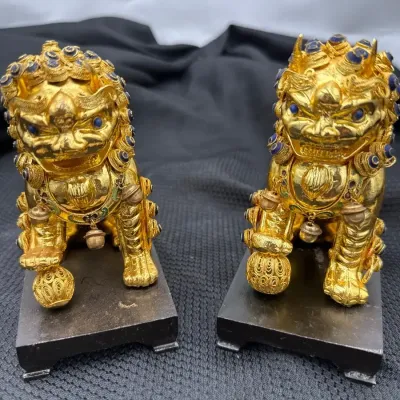 LOT #2 VIntagr  Chinese gilt bronze and cloisonné guardian lio