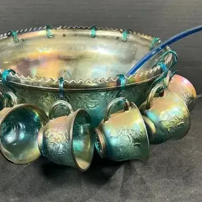 Indiana Glass Princess Blue Carnival Glass Punchbowl Set