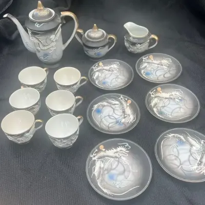 Vintage Japanese Moriage Dragonware TEA SET in Black & White 
