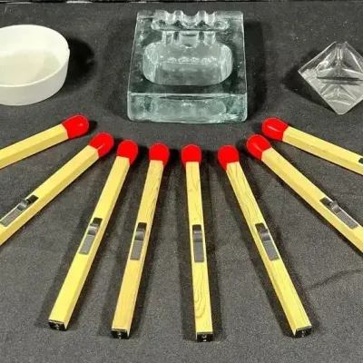Art Glass Cigar Ashtray And Butane Matchstick Lighters