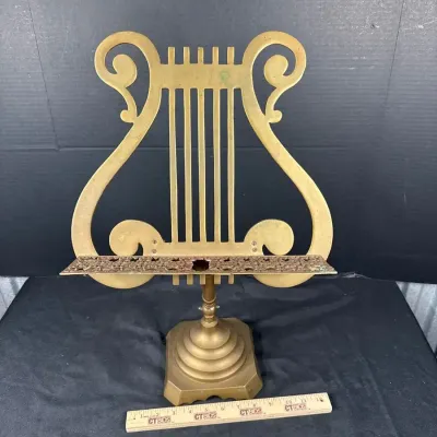 vintage solid brass lyre-shaped tabletop music sheet and book stan