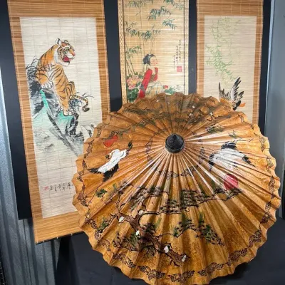 Asian Paper Hand Painted Parasol And Bamboo Slat Wall Hangings