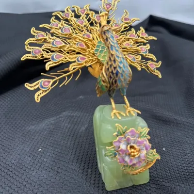 Green Jade Base vintage Chinese cloisonné and gilt-metal filigree peacock sculp
