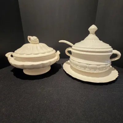 Midcentury White Ceramic Soup Tureen Lot - w/ Ladle & Underplate  