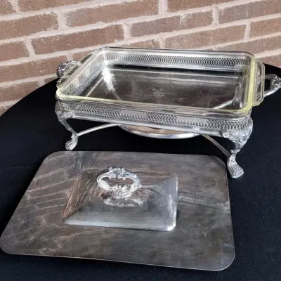 Vintage Silver Plated Chafing Dish w/ Fire-King 9x13 Glass Insert