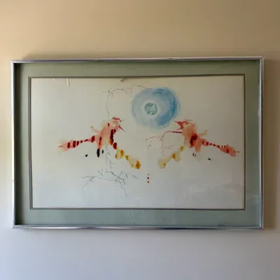 Sheila Hack 27x40 Mixed Media Painting 1970, ‘Political Comment’, Silver Frame