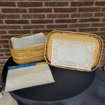 Vintage Woven Bamboo Rattan Serving Trays (11) Set, Mid-Century & Paper Lace Placemats