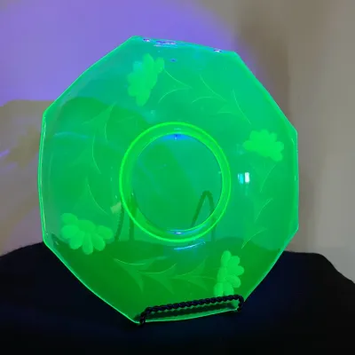 1930s Uranium Glass Floral Etched Plate, Octagonal
