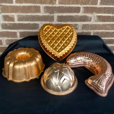 4 Vintage Copper Tone Aluminum Molds- Fish, Heart & More 