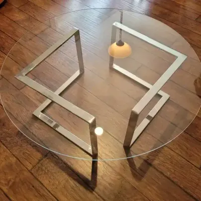 Round Mod Glass Coffee Table 42", Shiny Silver Geometric Base 