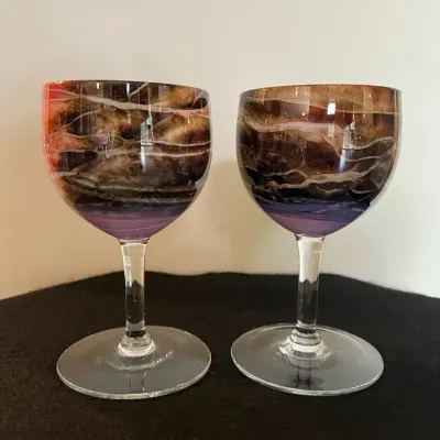 Signed Steven Maslach Volcano Art Glass Wine Chalices, Set of 2