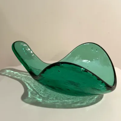 Blenko Glass Freeform Bowl Emerald Green Sandblasted Mark 1958-1961