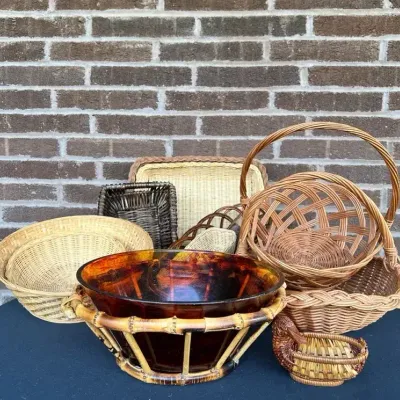 MCM Styson Art NY Tortoise Acrylic & Bamboo Bowl w/ Woven Basket Lot
