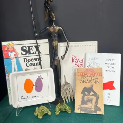 The Naughty Lot- 20" Greek Hoplite Brass Sculpture, Ceramic Frogs, 'Touch Me' Plate & MORE