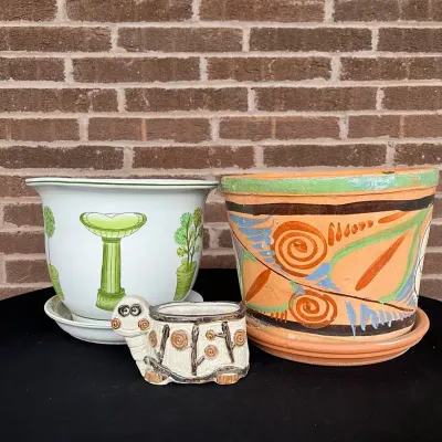 Planter Lot- Vintage Ceramic & Terracotta w/Saucers, Turtle Pot