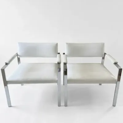 Milo Baughman-Style White Leather & Chrome Chairs, Set of 2