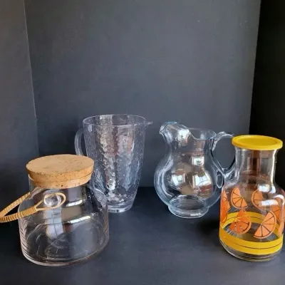 Pitcher/Carafe Lot- Orange Slice Carafe w/Lid, Glass Corked Jug w/ Handle, MORE
