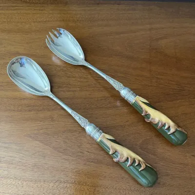 Vintage Silver-Plated Salad Servers with Green Resin Leaf/Antler Handles, Set of 2 