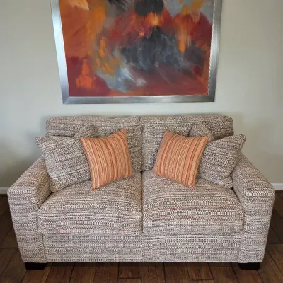 Vintage Sherrill Furniture Sofa w/ Pillows 63" - Textured Upholstery, Cream, Rust, Brown