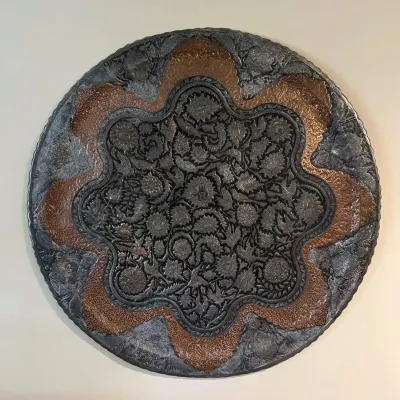Signed 40" Persian Ghalamzani Tinned Copper Wall Charger Plate
