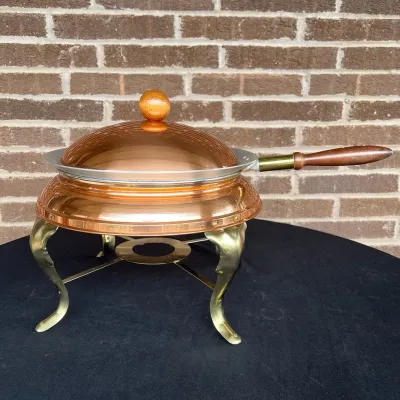 Mid-Century Spun Copper Chafing Dish, Brass Stand, Wood Handle