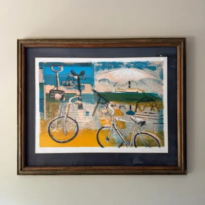 Eva Fischer’s 'La Bicicletta' Original Color Lithograph 38/150 - Pencil Signed, Wood Frame 24x30