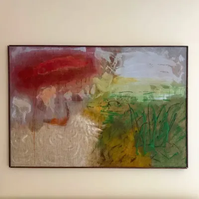 Sheila Hack Abstract Landscape Original Painting, 1970 Wood Frame 34x50 Oil On Linen