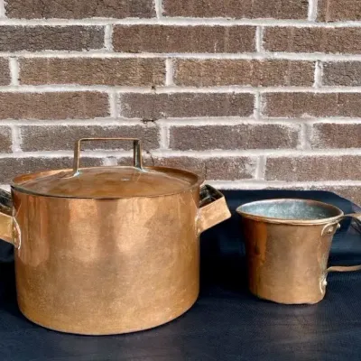 Vintage Heavy Gauge Copper Stock Pot w/Lid & Measuring Mug 