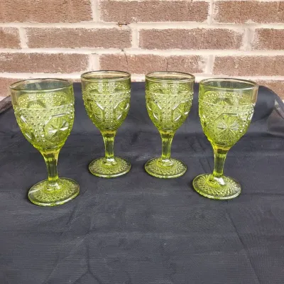 Vintage Avocado Green Glass Thumbprint Goblets (4), Pressed Star Stem