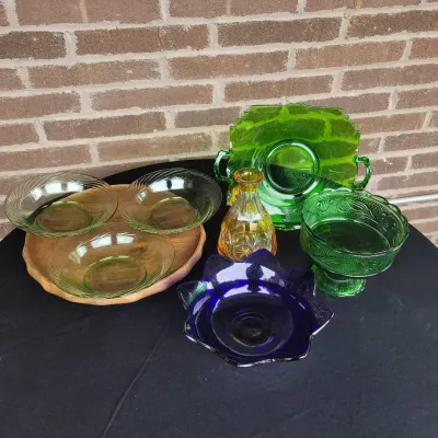 Colorful Glass Lot - Green PYREX Ribbed Bowls, Amber Cut Glass Vase, & MORE