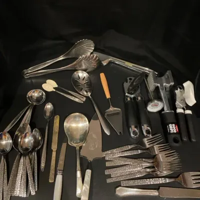 Flatware & Utensils Lot- Vintage Baby Spoons, Seashell Tongs, Pearlescent Handles, MORE