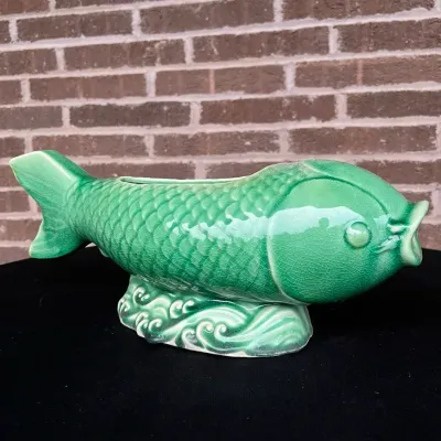 Large Green Ceramic Fish Plant Pot 17” Long Planter