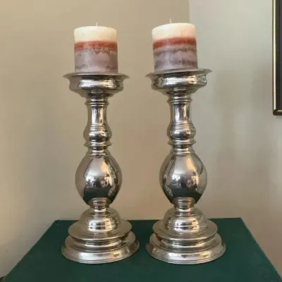Silver Tone Baluster-Style Candle Holders Pair, 12” Tall 
