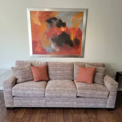 Vintage Sherrill Furniture Sofa w/ Pillows 88" - Textured Upholstery, Cream, Rust, Brown 