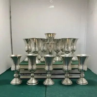 Vintage Set of Sterling Silver Kiddush Cups, Cordial Goblets - 15 Pcs