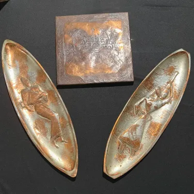 Vintage 15” Israeli Copper Platter Trays Signed A.N. Oppenheim Mid Century Art Pair