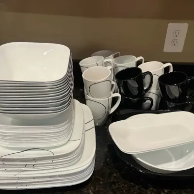 69 Piece Corelle Dinnerware Set - Black & White Pieces 