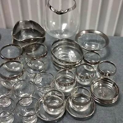 Silvertone Rimmed Glassware Lot